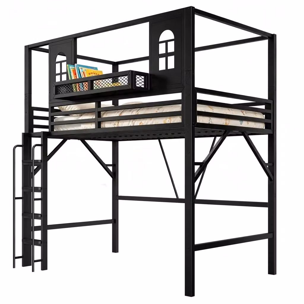 Letto a Soppalco Singolo in Metallo con Scala e Ripiani Laterali Nero L/P/H: 200 x 90 x 176,5 cm – 2