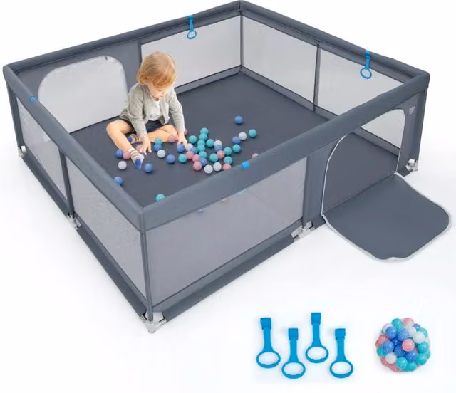 Recinto da gioco per bambini Design Mania con rete traspirante e maniglie, Grigio, L: 200 cm, P: 180 cm, H: 68 cm – 1