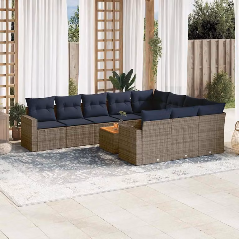 vidaXL Set di Divani da Giardino a L 11 pz in Polyrattan Grigio con Cuscini e Tavolino