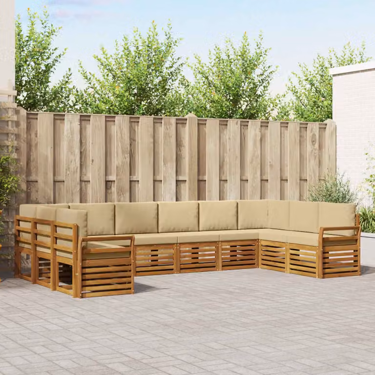 Set di divani da esterno vidaXL in legno di acacia con cuscini, composizione a L, colore beige e sabbia
