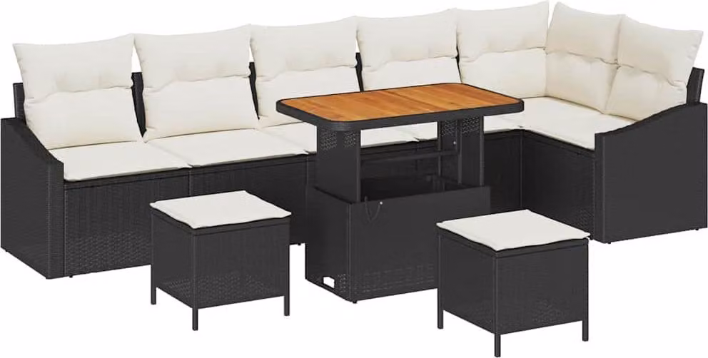 Set Divano da Giardino con cuscino 9 pcs Nero polyrattan