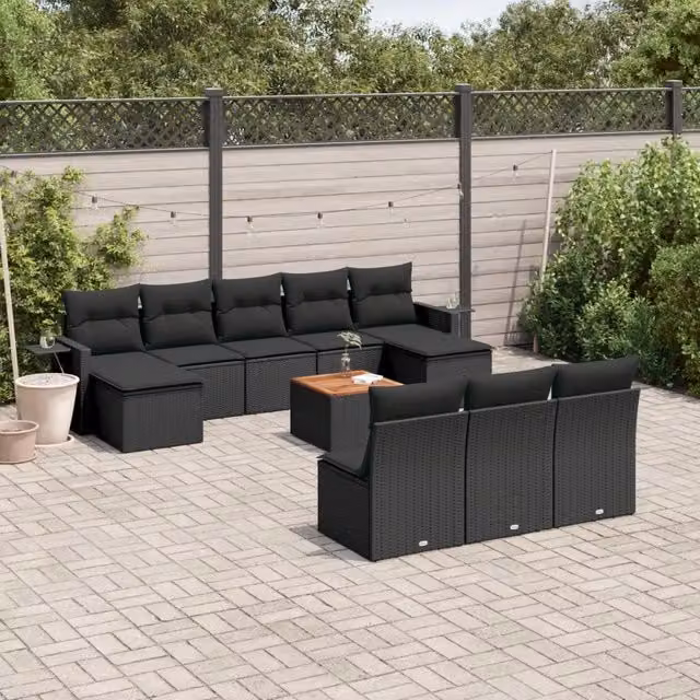 Set Divani da Giardino 11 pz con Cuscini in Polyrattan Nero 3224767