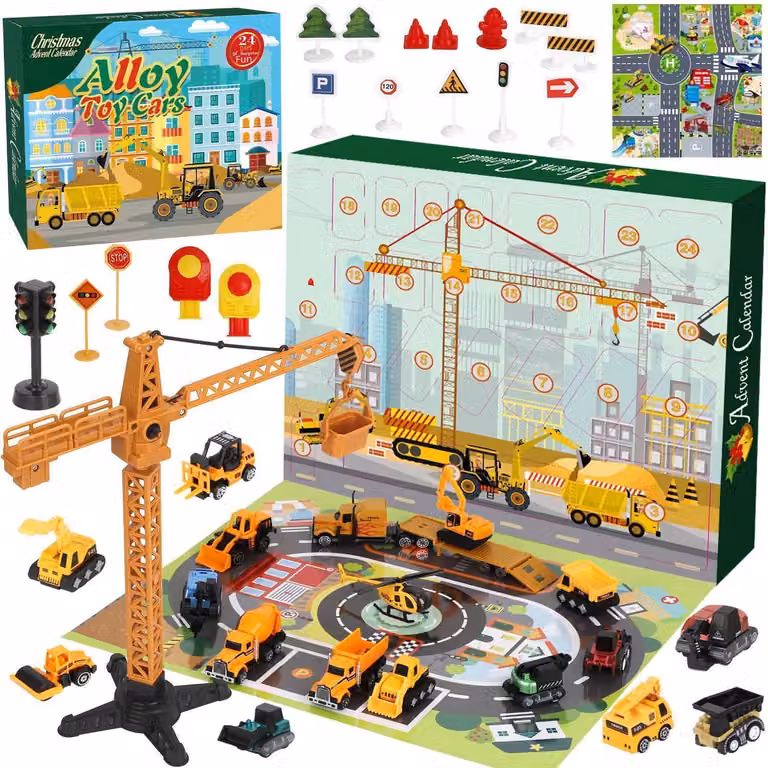 Calendario dell'Avvento per bambini 2026, 24 giorni, con veicoli da costruzione in metallo, mappa di scene di traffico, ideale come regalo per ragazzi e ragazze