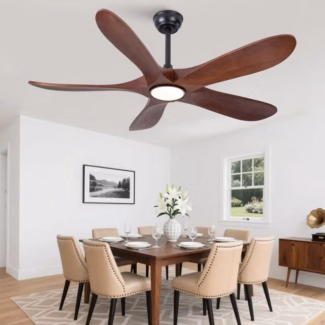 Ventilatore da soffitto con luce e 5 pale in legno noce e nero, motore DC a 6 velocità e timer