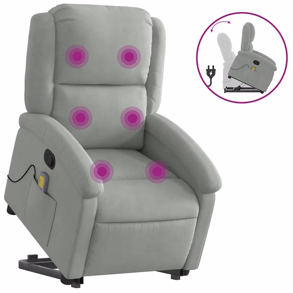 vidaXL Poltrona Alzapersona Reclinabile in Velluto Grigio Chiaro con Braccioli – 2