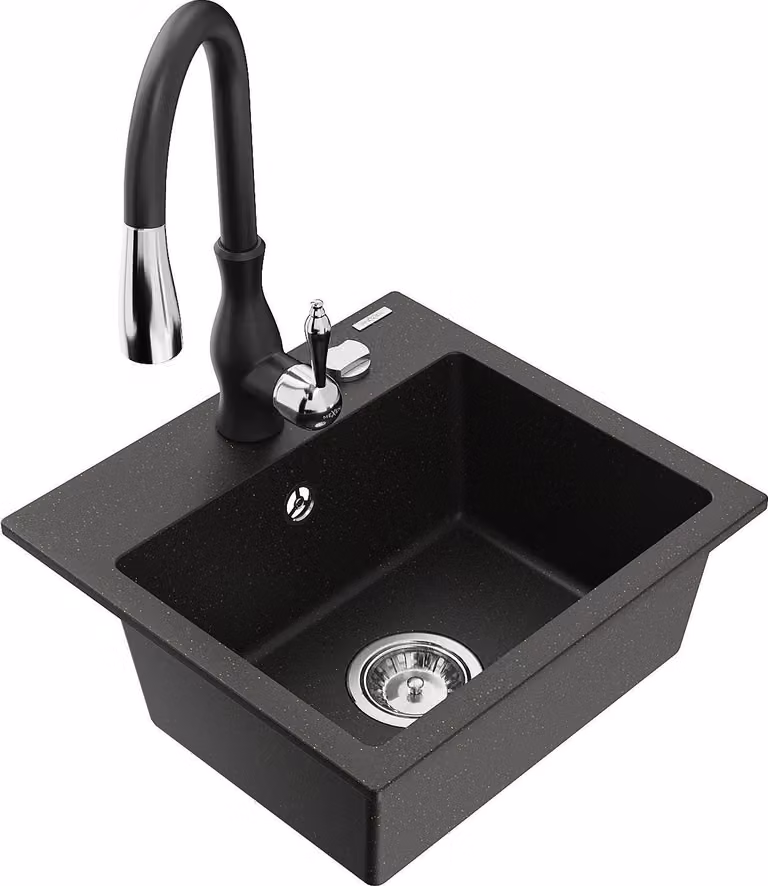 Mexen Milo lavello da cucina in granito a 1 vasca con miscelatore Savita, nero/oro metallizzato - 6505-75-672601-70