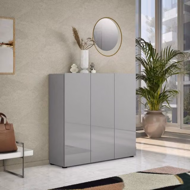 Scarpiera Alcazar DMORA, Mobile porta scarpe e armadio da ingresso moderno in finitura lucida Grigio, L: 120 cm, P: 34 cm, H: 115 cm – 1