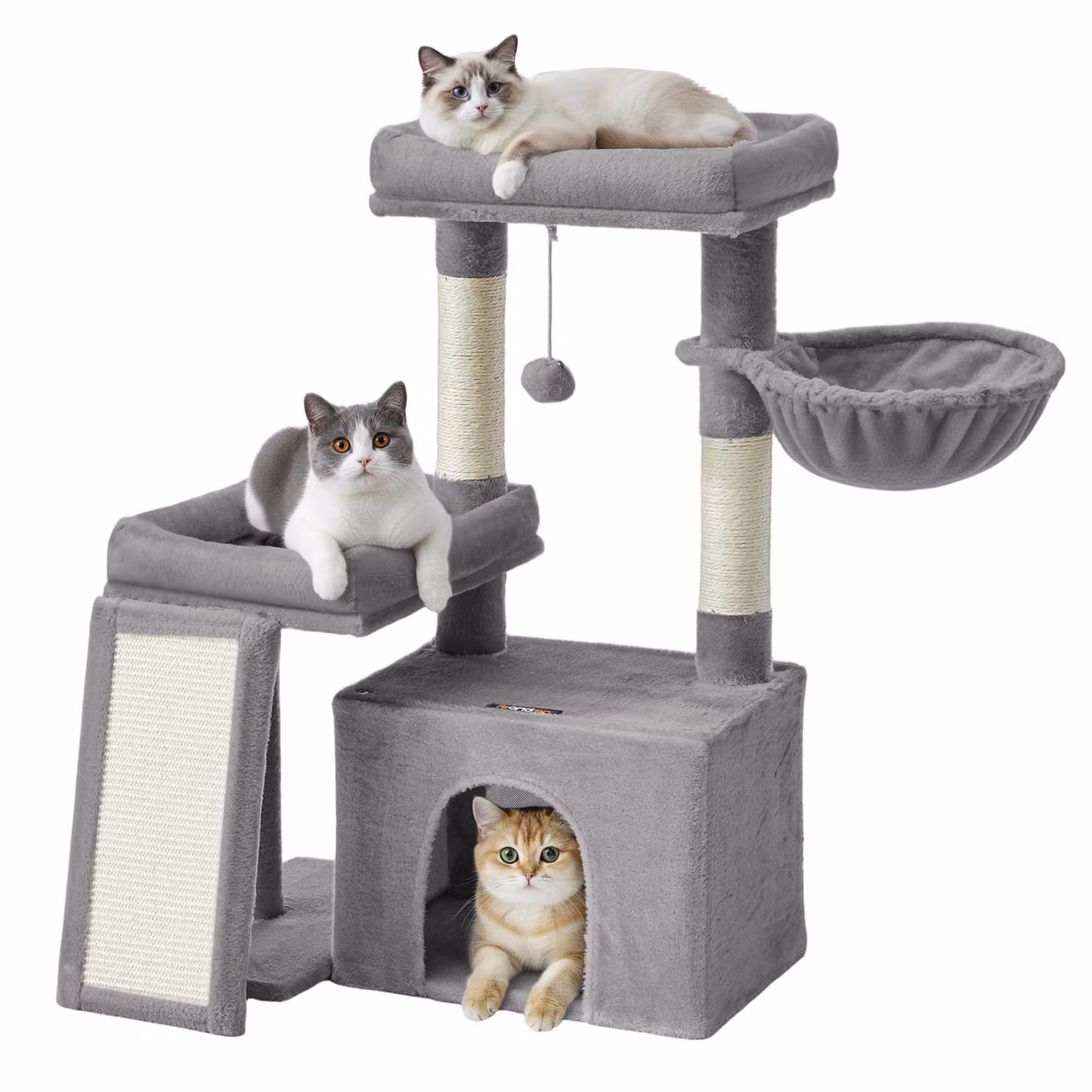 Feandrea Tiragraffi, tiragraffi per gatti con colonne, rampa, tiragraffi, 2 grandi piattaforme, cuccia e cestino, altezza 85,8 cm, grigio tortora