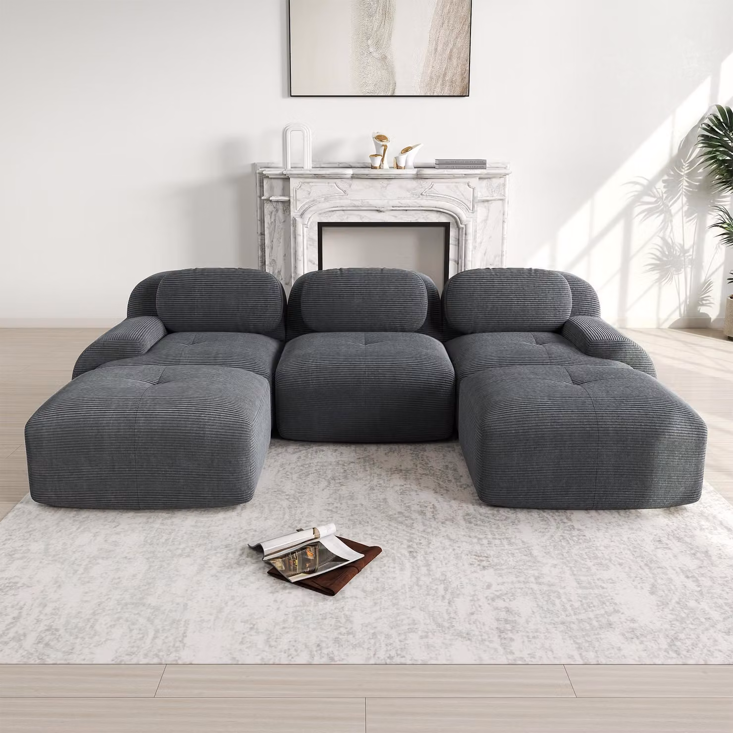 Divano a U modulare Sweiko in tessuto di velluto a coste di prima qualità, senza montaggio, antiscivolo e adatto agli animali domestici, braccioli extra larghi, rivestimento ad alta resilienza 32D per soggiorno, camera da letto e ufficio, Grigio