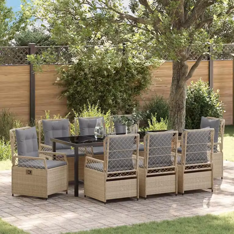 vidaXL Set da Pranzo per Giardino e Terrazzo in Polyrattan con Tavolo in Vetro, 9 Pezzi, Beige e Grigio