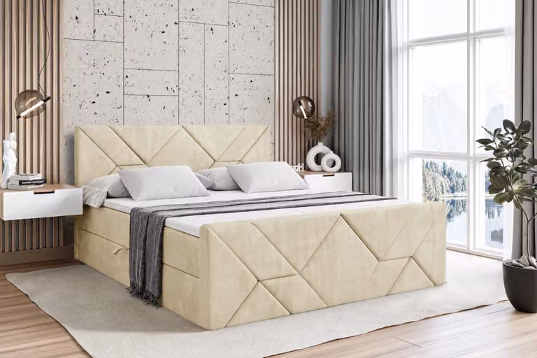 Letto boxspring ALTDECOR con pediera, materasso H3 e topper - 180x200 cm - BARWA-Z - Beige Monolith - Letto imbottito con contenitore e rete a doghe, letto con spazio contenitivo