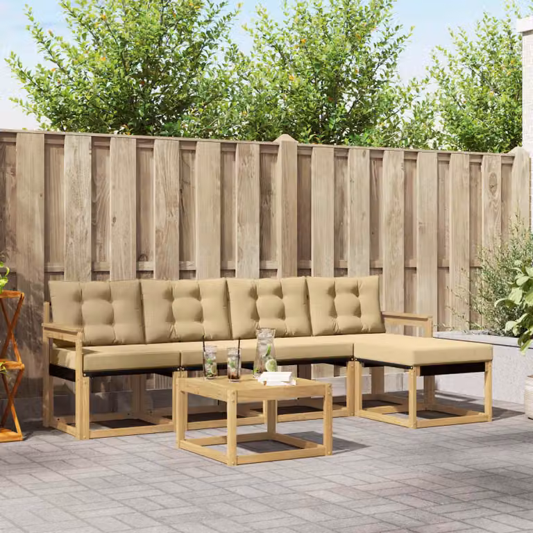 Set di divani da esterno vidaXL a forma di L in legno di acacia con tavolino e pouf, Bianco, Beige e Marrone