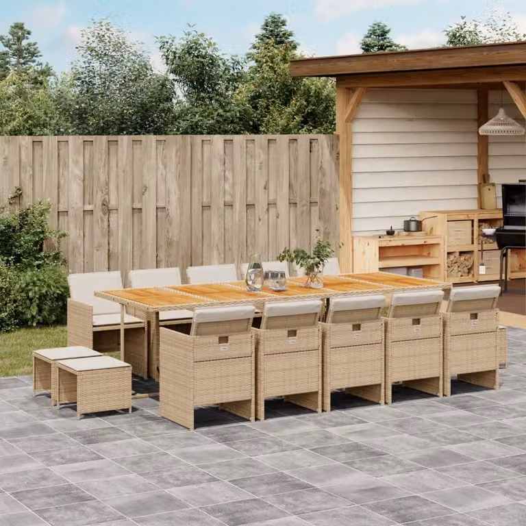Set da pranzo da giardino vidaXL in polyrattan e legno di acacia con 15 pezzi e cuscini beige
