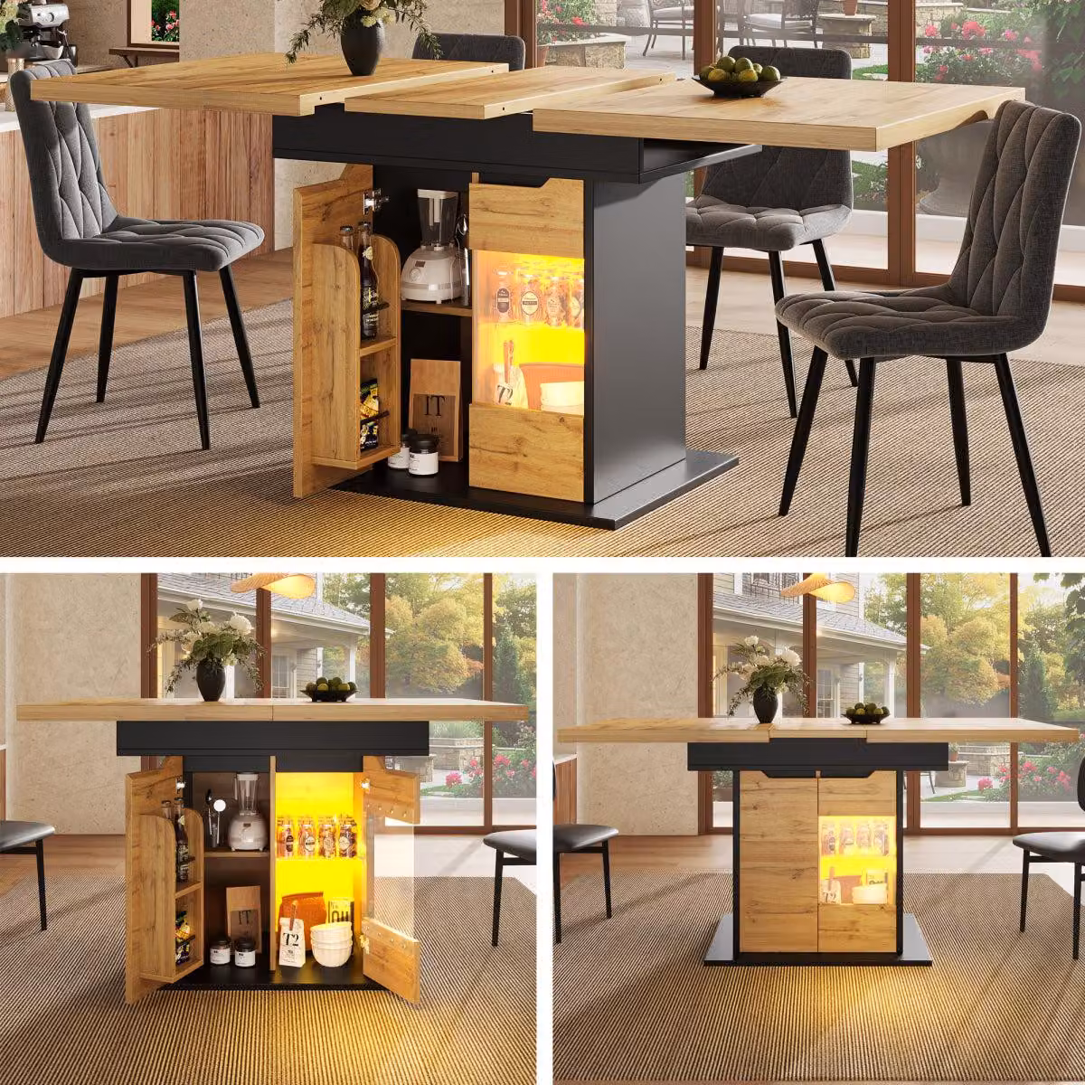 Tavolo da pranzo allungabile 110-140x80cm con controllo app LED e USB, tavolo da cucina nero/naturale con ante in vetro e ripiano snack