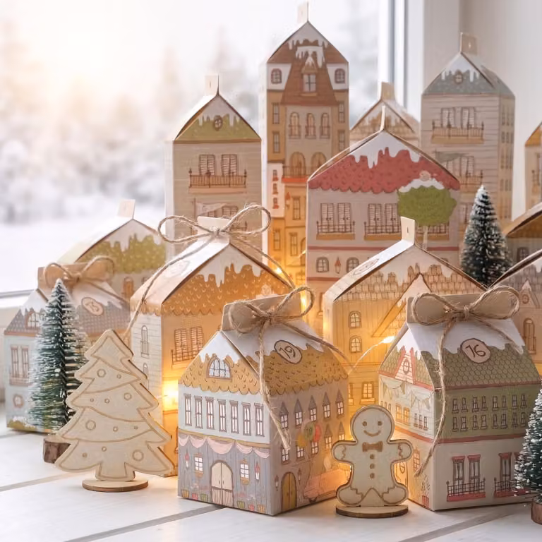 Calendario dell'Avvento da riempire, con 24 casette, disponibile in 3 dimensioni, e decorato con una catena di luci a LED