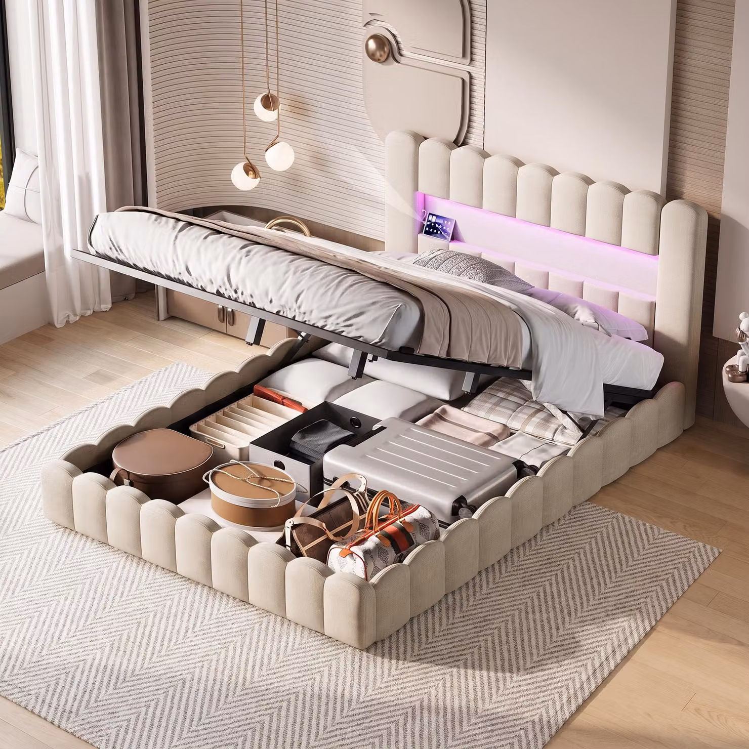 Letto con boxspring INONEFT, 180x200 cm, con illuminazione LED, letto per giovani, letto matrimoniale con rete a doghe/spazio contenitore, letto imbottito con spazio contenitore e porta USB, letto con rivestimento in lino, color beige
