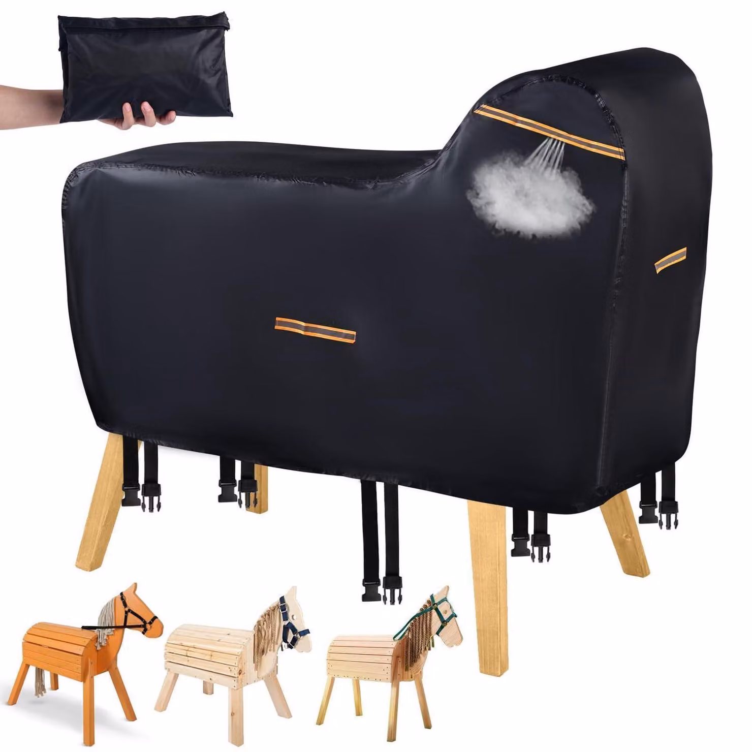 Copertura per cavalli in legno, realizzata in tessuto Oxford 420D, impermeabile e resistente ai raggi UV, dimensioni 160x110x70 cm, colore nero, con borsa per il trasporto