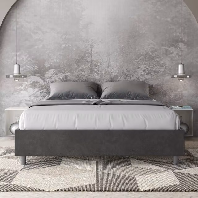 Letto queen size contenitore imbottito 150x200 microfibra grigio Azelia