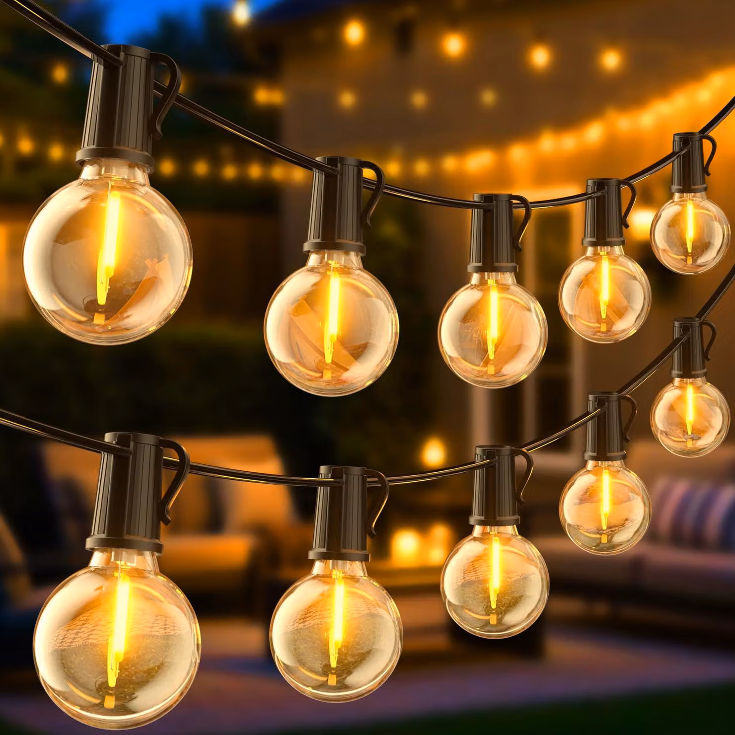 Catena luminosa da 48,15 metri, modello G40, impermeabile, con 70+2 LED a luce bianco caldo