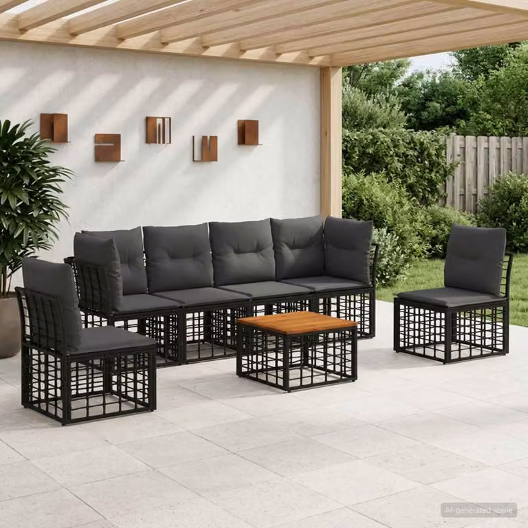 Set di divani da esterno vidaXL 7 pezzi a forma di L con tavolino, colore nero e grigio, struttura in metallo e cuscini inclusi