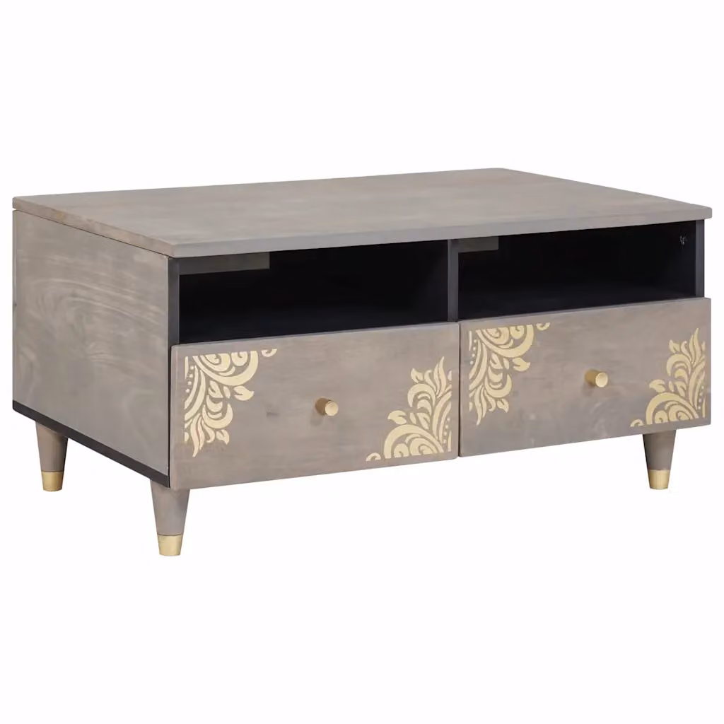 vidaXL Tavolino da salotto in legno di mango con cassetto stile mid-century Grigio e Marrone L: 80 cm, P: 54 cm, H: 40 cm