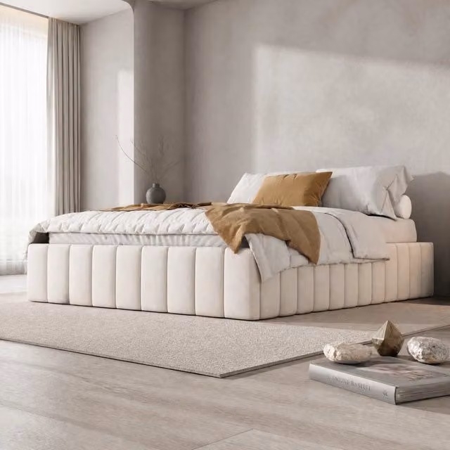 Letto imbottito 140 x 200 cm in velluto beige con 4 cassetti e rete a doghe