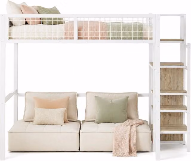Letto a soppalco per bambini 140x200 cm con armadio e scala in metallo; bianco