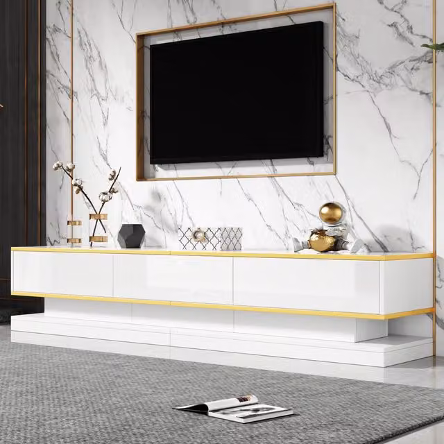 Mobile porta TV con 3 cassetti e vani aperti, lucido, per soggiorno, in truciolare, bianco caldo, 200 × 40 × 40 cm