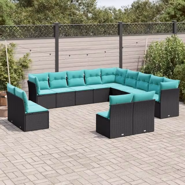 Set di Divani da Giardino a Forma di U con Cuscini vidaXL, Polyrattan Nero e Blu con Struttura in Acciaio Verniciato a Polvere