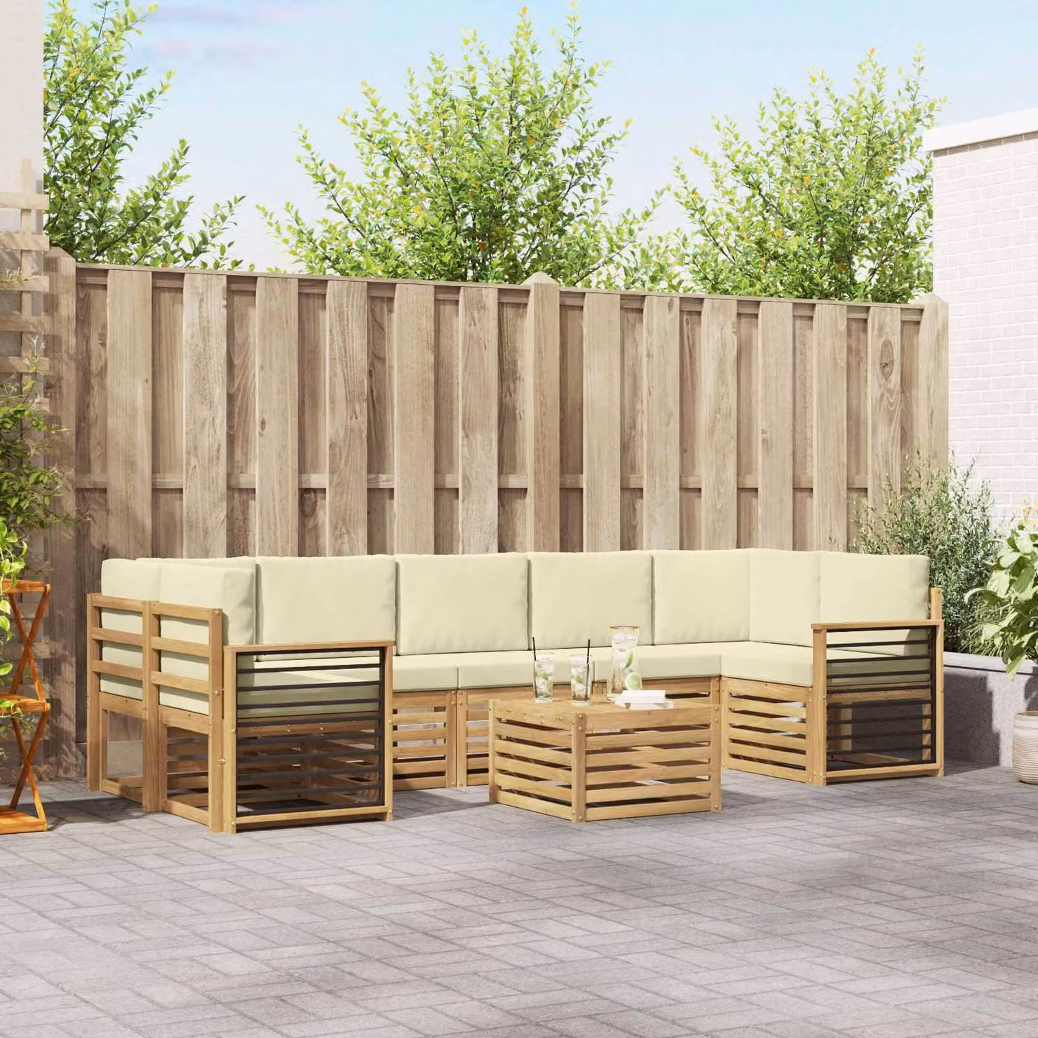 Set di divani da giardino vidaXL a forma di L in legno di acacia massello con cuscini beige e marroni