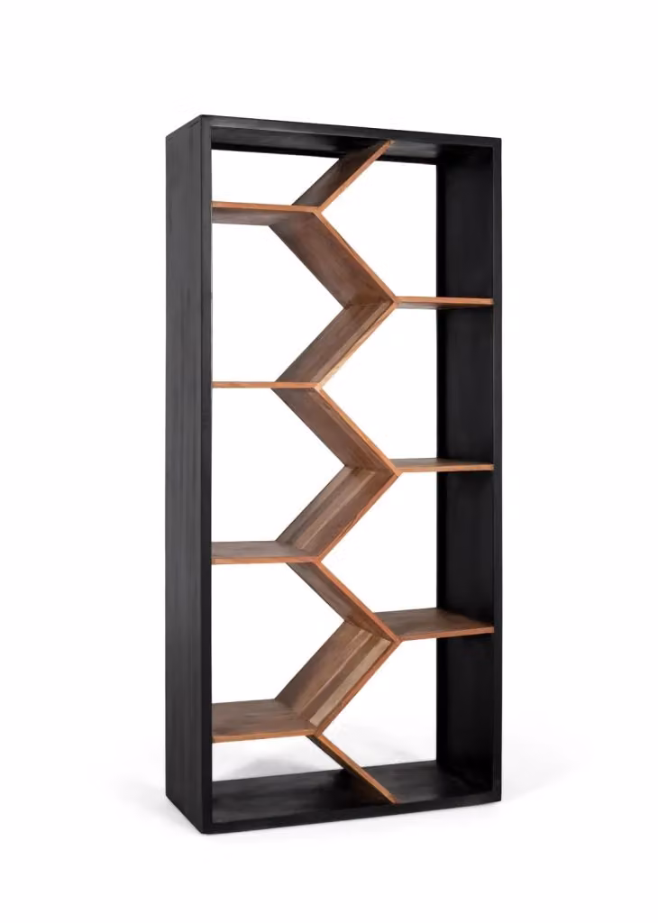 Libreria Giner Y Colomer in legno di mango e metallo con design geometrico art déco, marrone e oro – 2