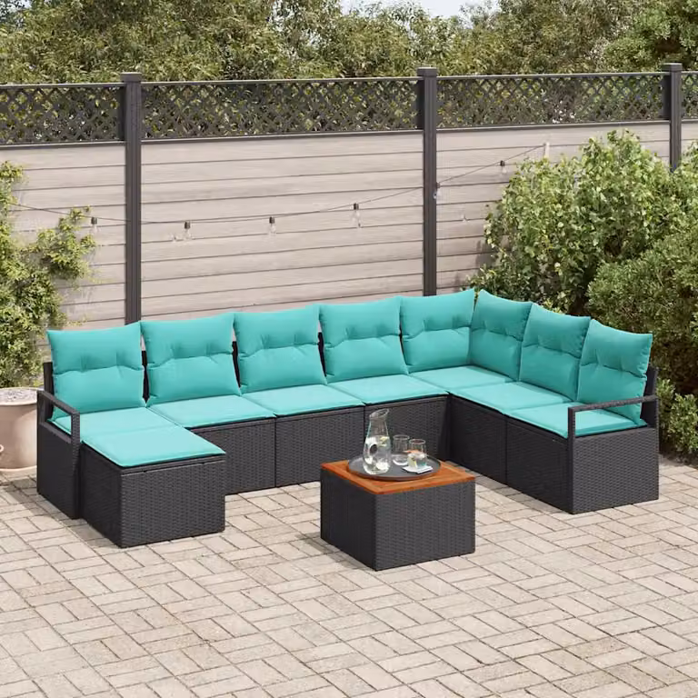 Set Divano da Giardino vidaXL 9 pz a Forma a U con Cuscini e Tavolino, Colore Nero e Turchese con Struttura in Acciaio e Polyrattan