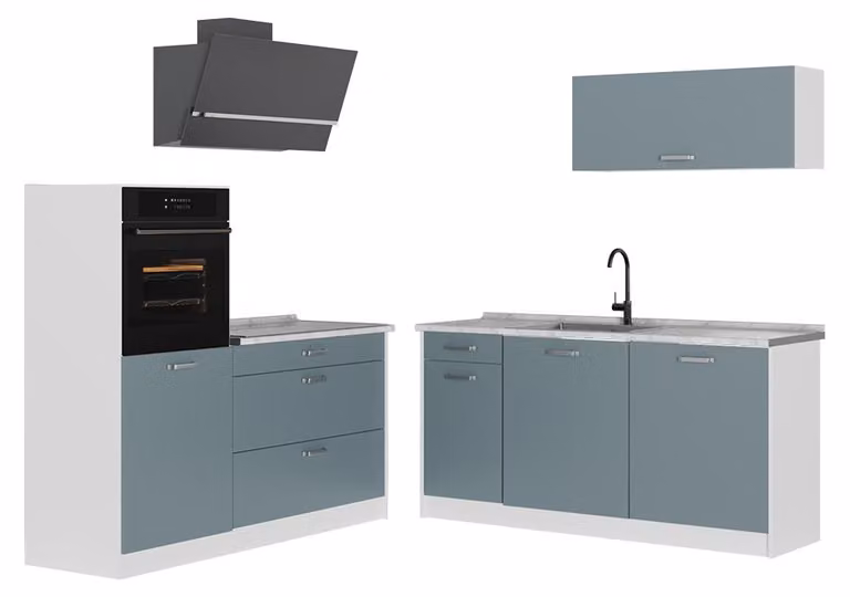 Cucina componibile Vicco R-Line Grigio-blu/Bianco 160 cm piano di lavoro Marmo, Model 66935