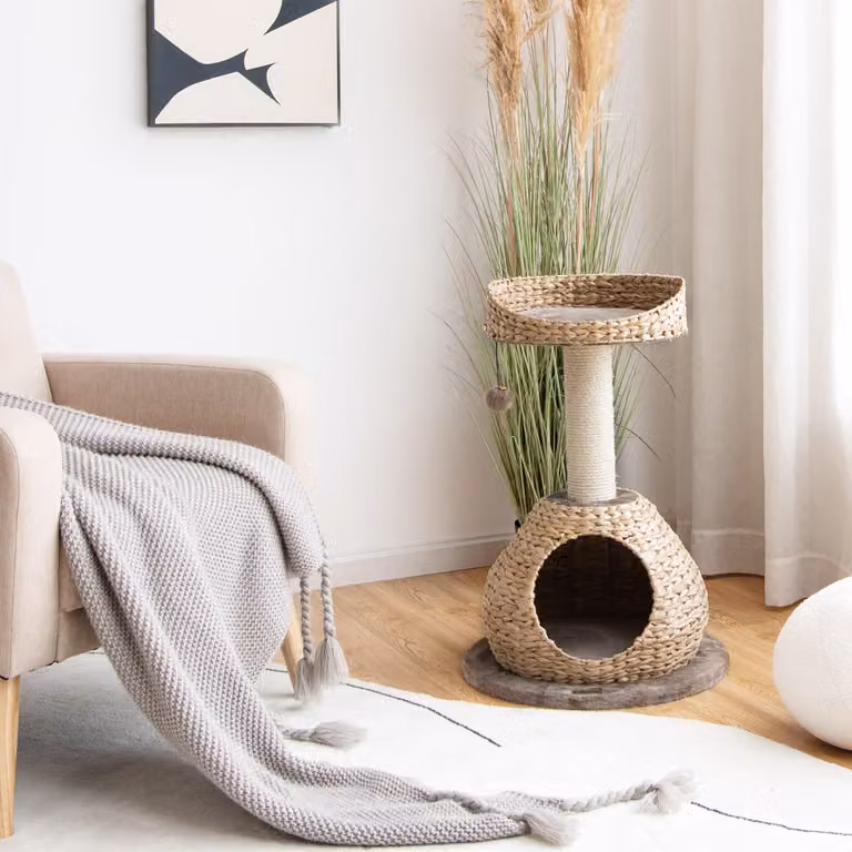 Albero per gatti da interno Costway con palo tiragraffi in sisal naturale e centro attività con pallina, Marrone e Beige