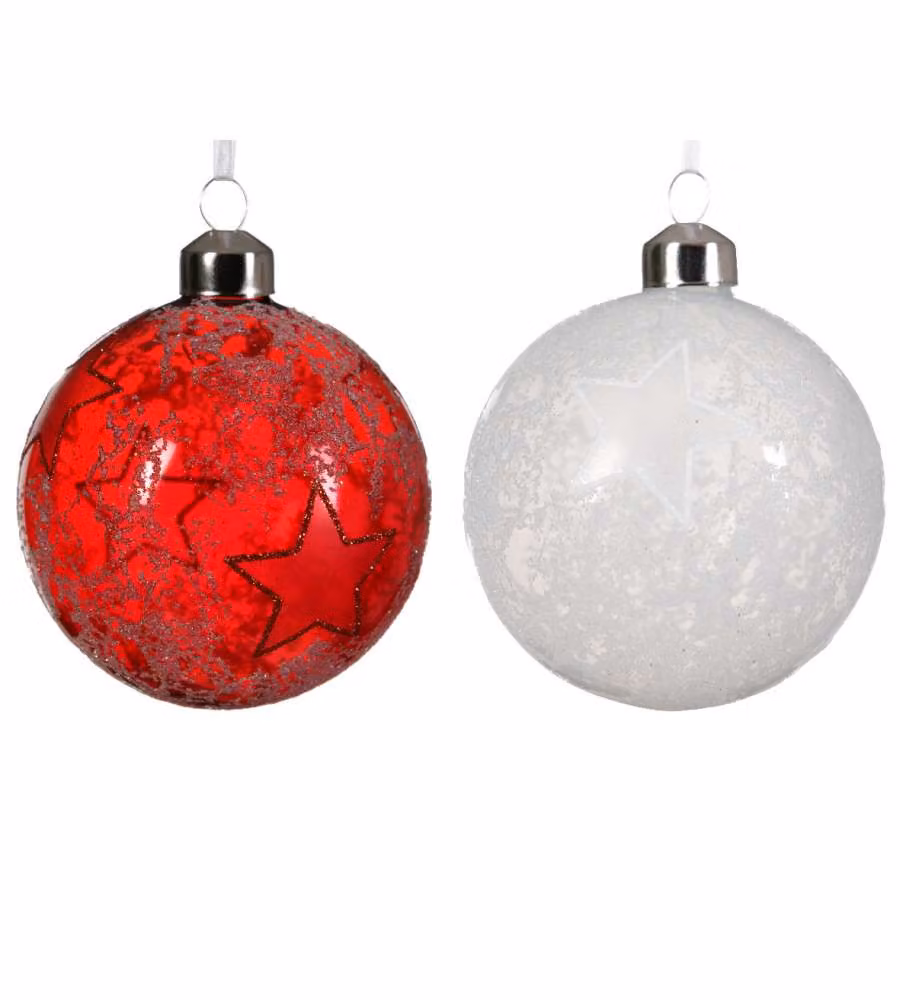 Decoris Sfera Natalizia in Vetro Decoro Stelle - Bianco o Rosso - 8 cm