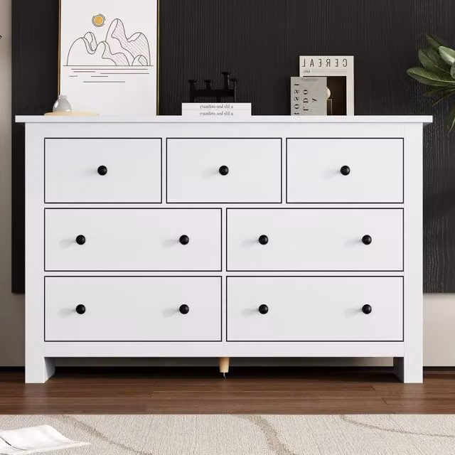 Credenza Mivray moderna con 7 cassetti a scorrimento fluido in MDF bianco opaco per cucina, sala da pranzo o soggiorno