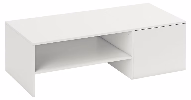 Tavolino regolabile con guide metalliche e spazio contenitivo | Colore: Bianco | Dimensioni: 52x110x36 cm