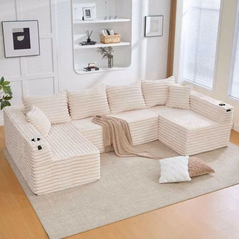 Divano a L in velluto a coste, 6 posti, con portabicchieri e tasche laterali, molle, ergonomico, 4 cuscini per lo schienale, 2 cuscini decorativi, soggiorno, beige