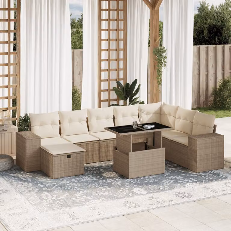 vidaXL Set Divano da Giardino 9 pz a Forma a L in Polyrattan Beige con Cuscini e Tavolino