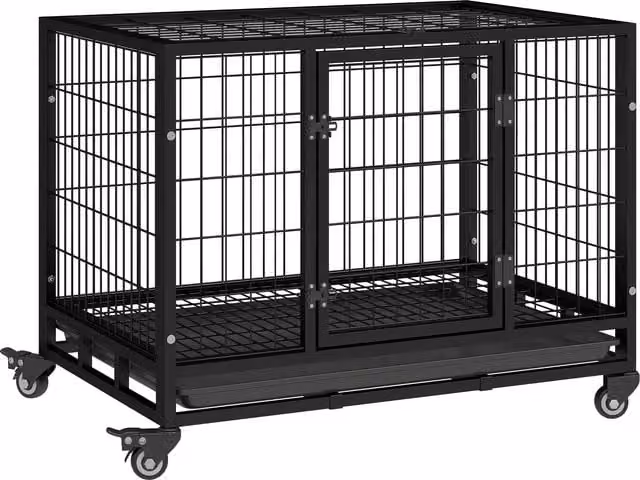 Gabbia per cani PawHut Aosom per interno ed esterno con rotelle, colore nero, L 92 cm x P 62 cm x H 75 cm – 1