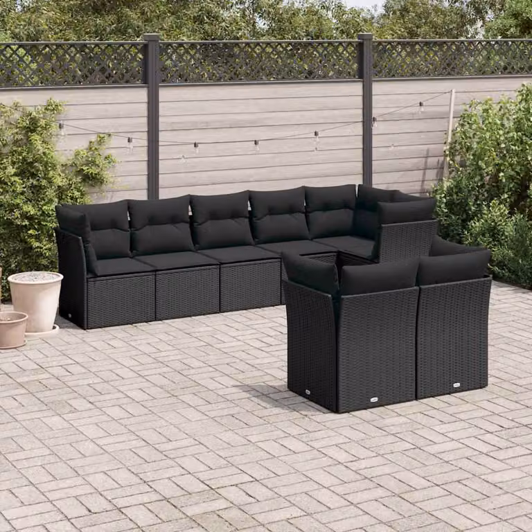vidaXL Set Divani da Giardino a L con Cuscini 8 pz Nero in Polyrattan