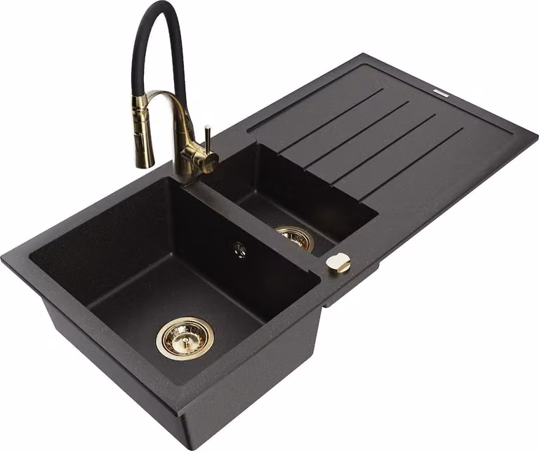 Mexen Andres lavello in granito a 1,5 vasche con sgocciolatoio e rubinetto da cucina Aster, nero/oro metallizzato