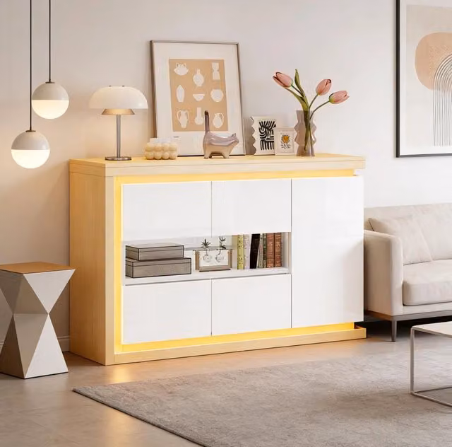 Credenza 140x40x84 cm con luci LED e ripiani regolabili in truciolato e vetro temperato bianco