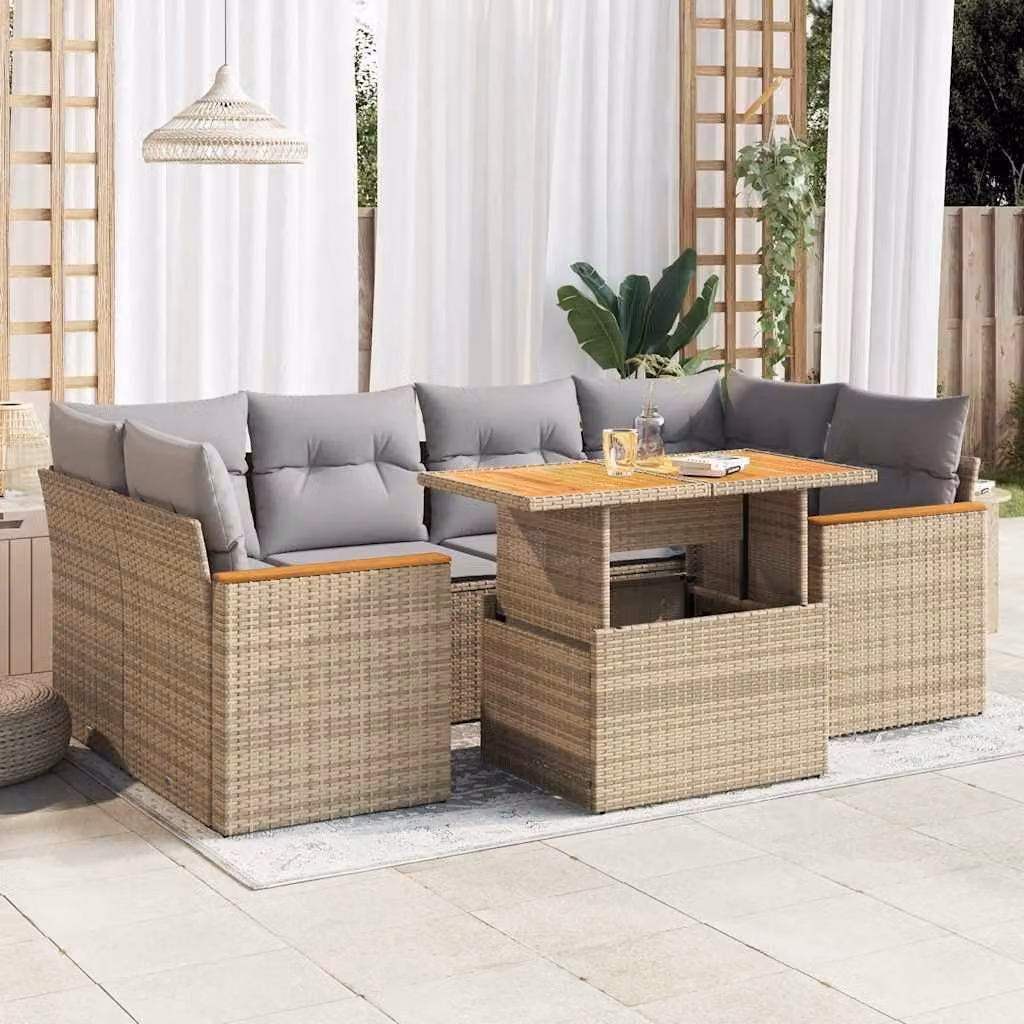 Set Divano da Giardino vidaXL 6 pz in Polyrattan e Legno di Acacia con Cuscini Beige e Grigio
