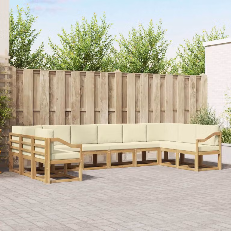 Set di divani da esterno vidaXL a forma di L in legno di acacia con cuscini, Bianco, Beige e Marrone