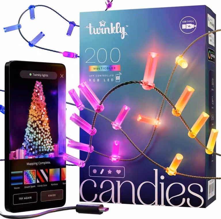 Twinkly Candies – 200 RGB LED Candle Lights, Green Cable, USB-C