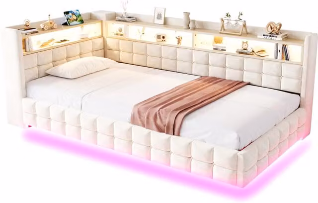 Letto singolo imbottito 90x200 cm con contenitore idraulico; LED e prese; beige