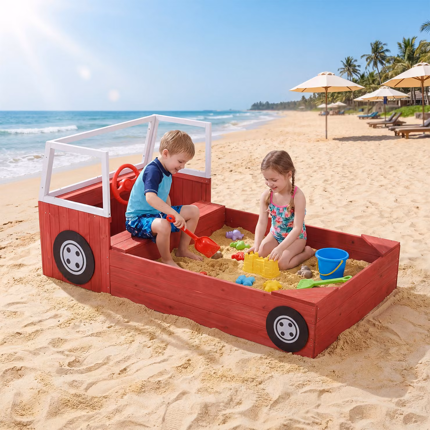 Sabbiera per bambini Costway in legno massello a forma di autopompa con panca e sedile, colore rosso