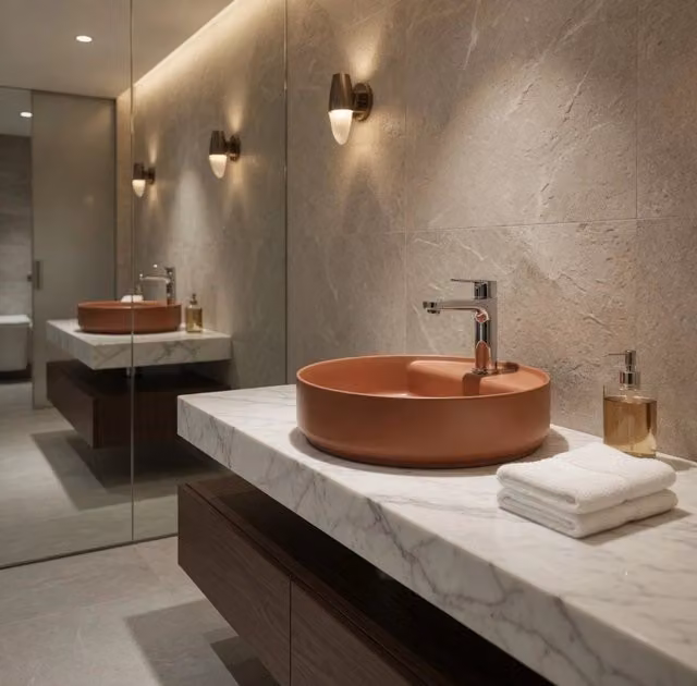 Lavabo tondo da appoggio senza troppo pieno in ceramica con foro rubinetto - Terracotta Opaco