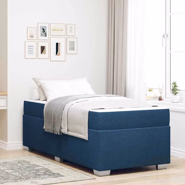 Letto moderno vidaXL con struttura imbottita in tessuto blu e materasso a molle, L/P/H: 90 x 200 x 66 cm – 1